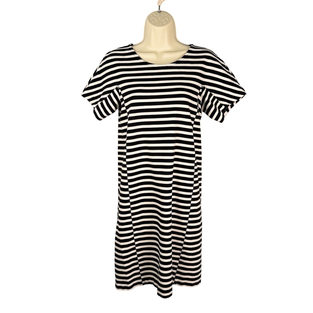 J Crew Dress Womens Small Black White Stripe Shift Seamed Cotton Stretch C6514